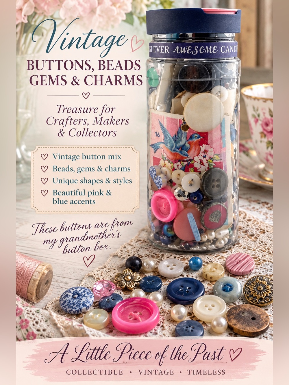 Vintage Jar Mixed Sewing Buttons & Gems 💎 - 9.8oz